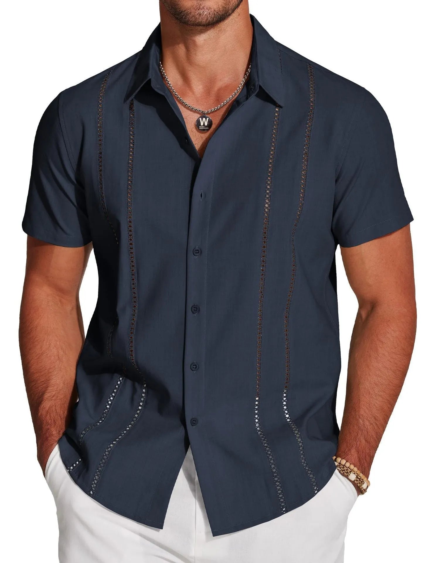 Men's slim-fit elastic Hawaiian shirt with digital print pattern in casual cardigan style