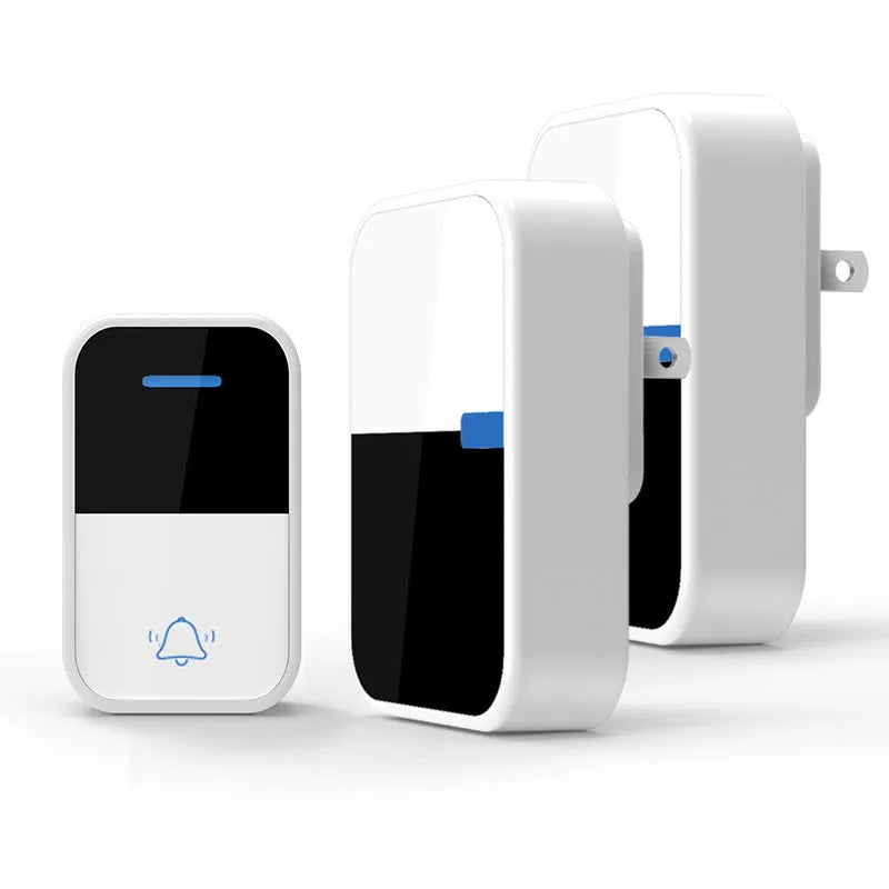 White plastic wireless doorbell with receiver and transmitter showing EU and US plug options