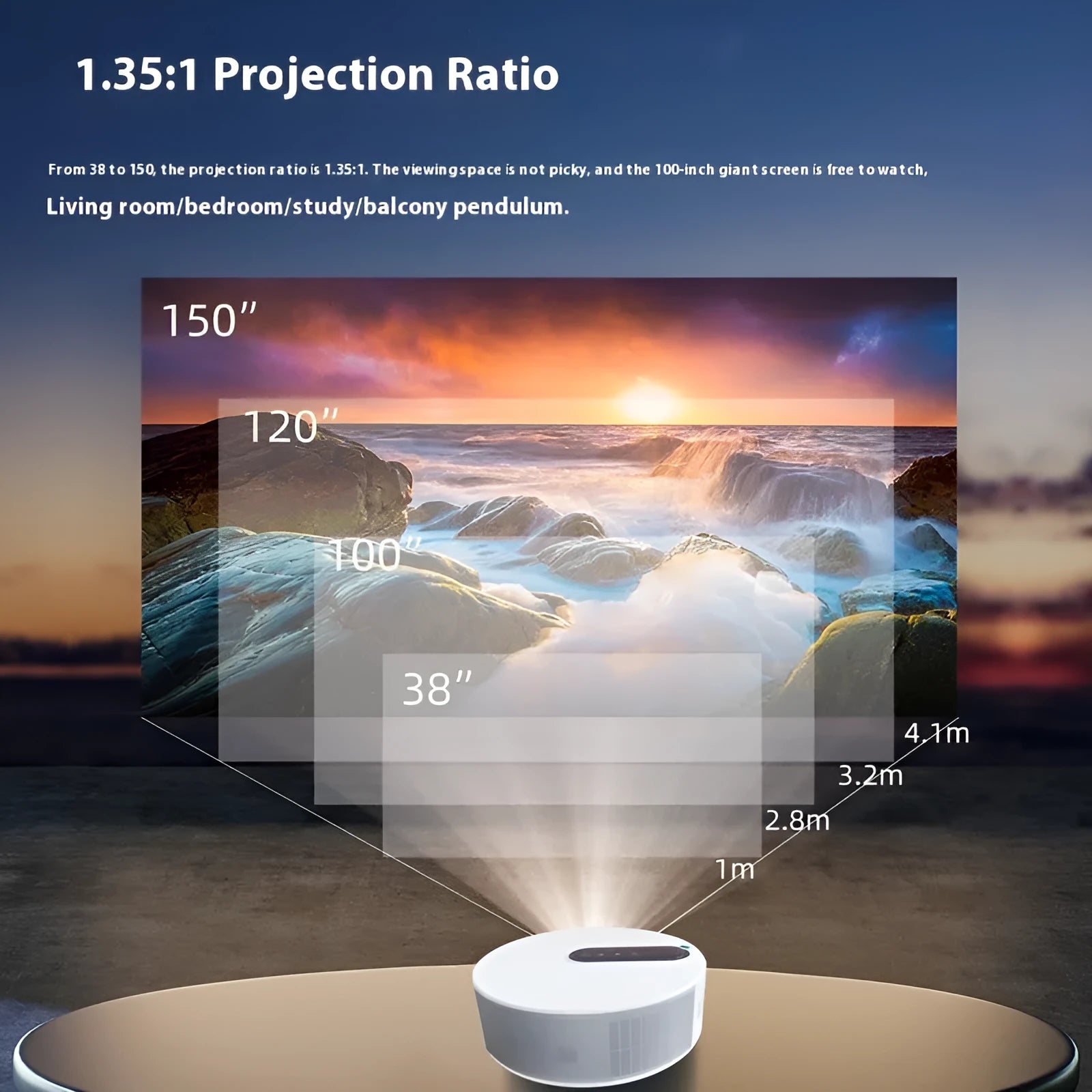 White HD 720p home projector with remote control on table