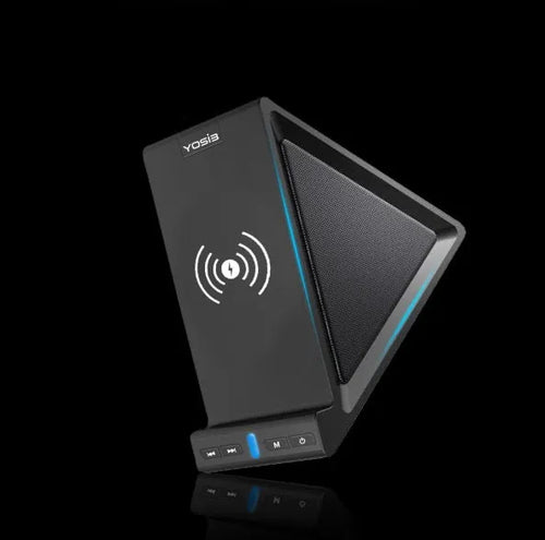 Black multifunctional Bluetooth speaker with integrated wireless charging base and phone stand.