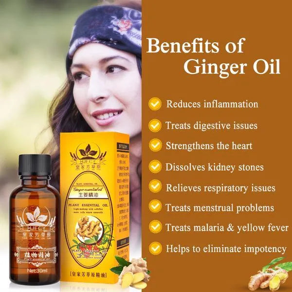 Royal Grassland Ginger Essential Oil 30ml bottle with grape seed and ginger flower oils for lymphatic drainage massage