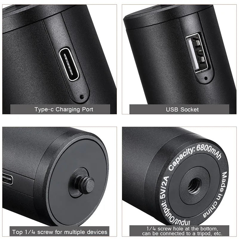 Black aluminium alloy portable power bank with a 6800mAh battery capacity, shown with dimensions.