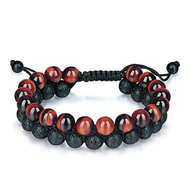 Tiger Eye agate couple bracelets with geometric beads in matte black finish