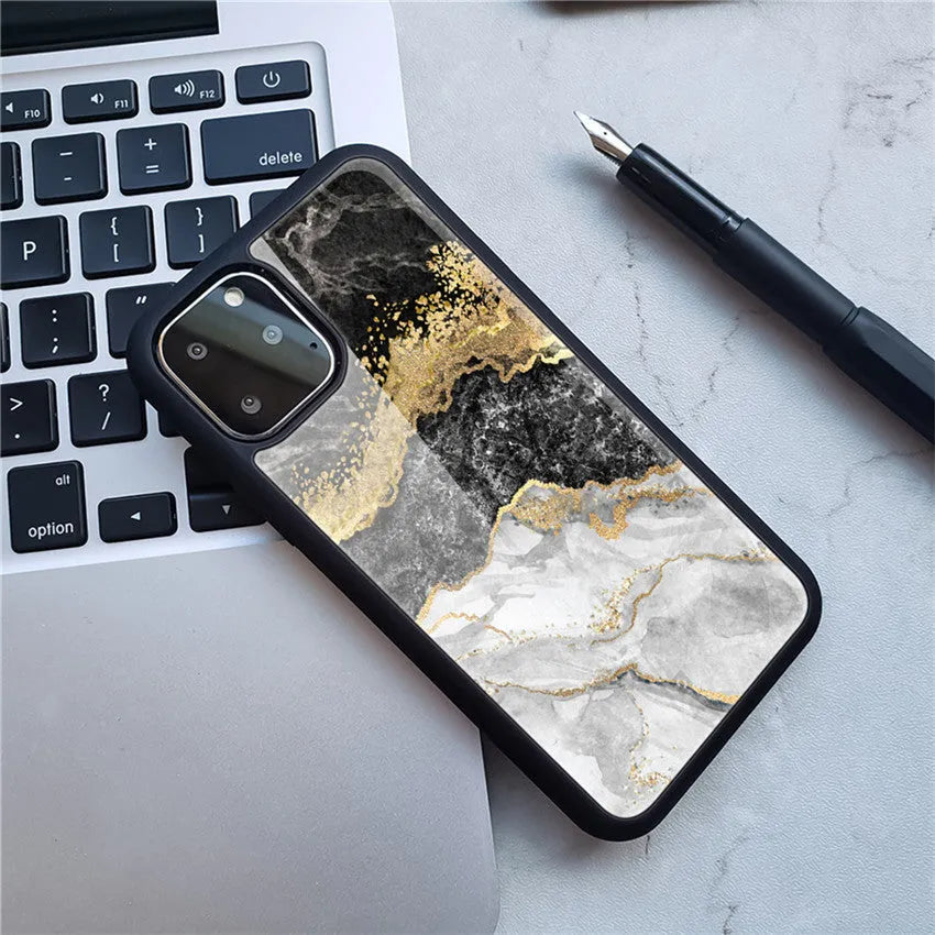 Marble phone case back cover with camouflage pattern on iPhone showing Black gold colour
