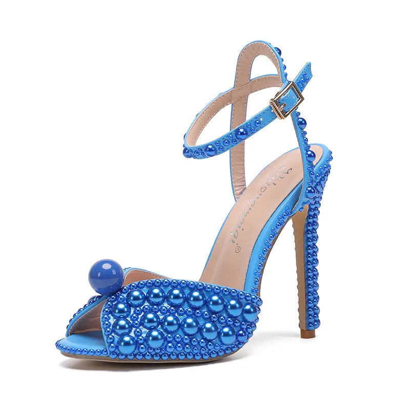 New peep-toe shallow mouth rhinestone pearl woman high-heeled shoes in beige