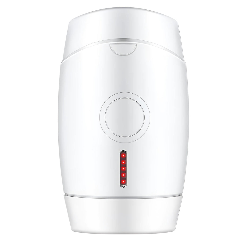 White home IPL laser hair removal device on a table showing its compact size and control buttons.
