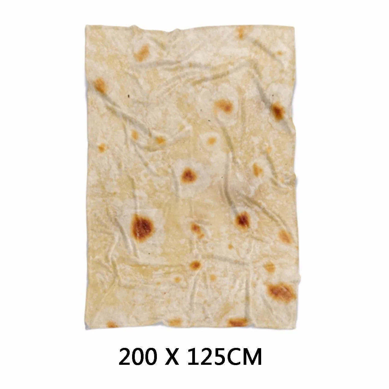 Round and rectangular flannel burrito blankets in various sizes with food-themed print.