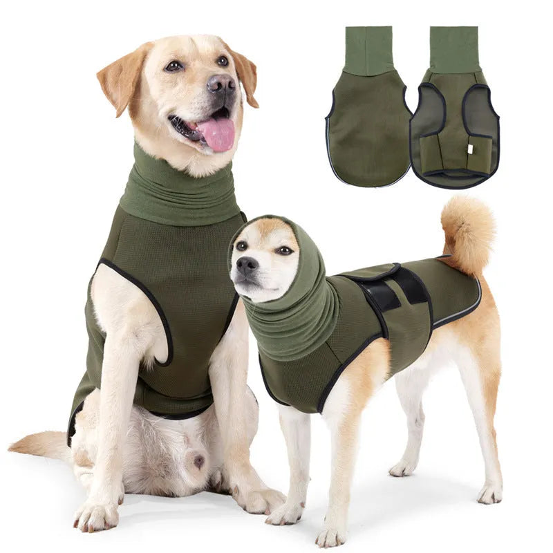 Army green dog anti-anxiety jacket on a medium-sized dog, showing a close-fitting, calming pet clothing design.