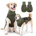 Army green dog anti-anxiety jacket on a medium-sized dog, showing a close-fitting, calming pet clothing design.