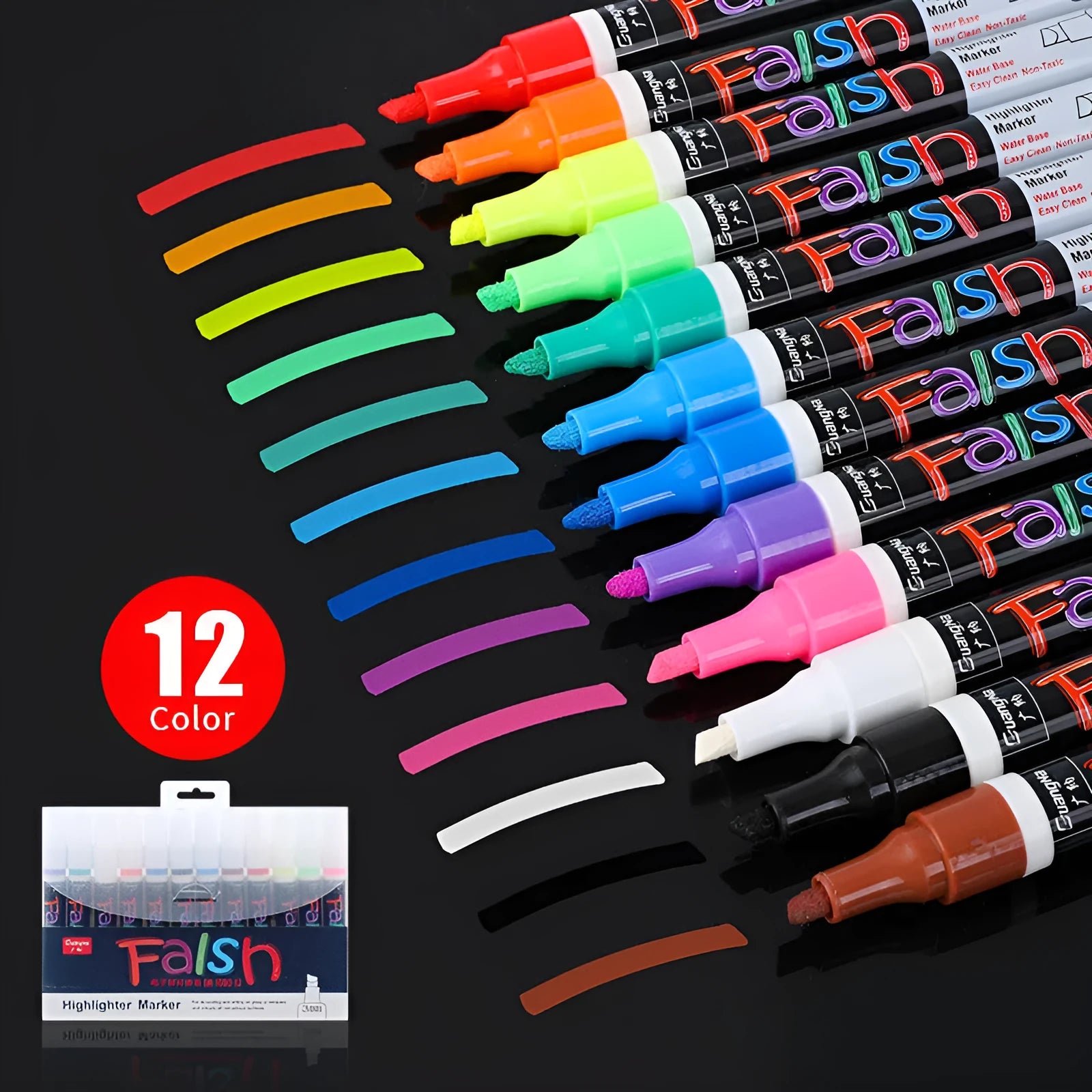 Pack of 6mm fluorescent board markers with a choice of 8 or 12 colours in carded packaging.