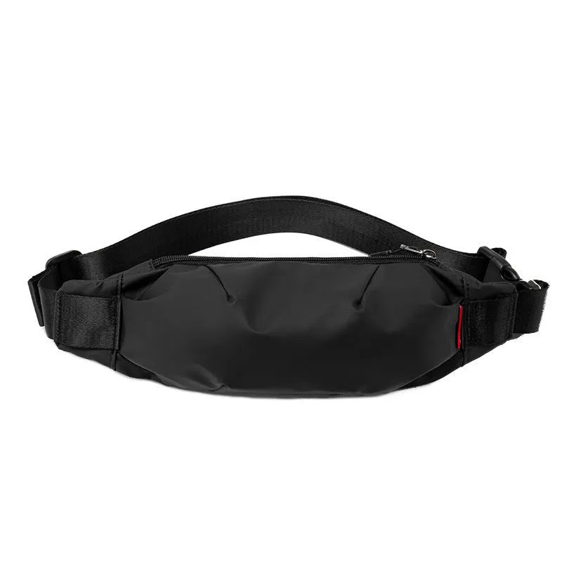 Black men's Oxford cloth crossbody waist pack showing front view and internal phone pocket.
