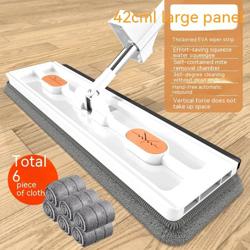 Large flat mop with long stainless steel handle and blue/white cloths on a hard floor.