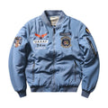 Slim-fit men's retro cotton-padded coat with stand collar and quilted embroidery, shown in blue.