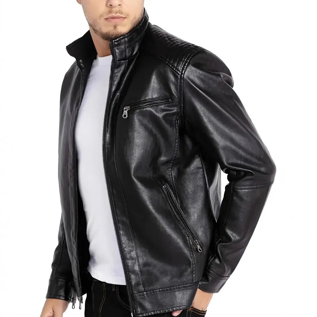 Men's brown artificial leather punk motorcycle jacket with stand collar
