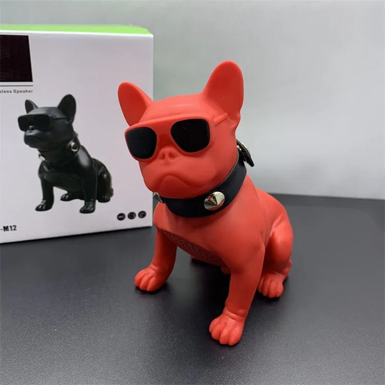 Mini bulldog-shaped Bluetooth speaker in black, red, or white colours showing compact design