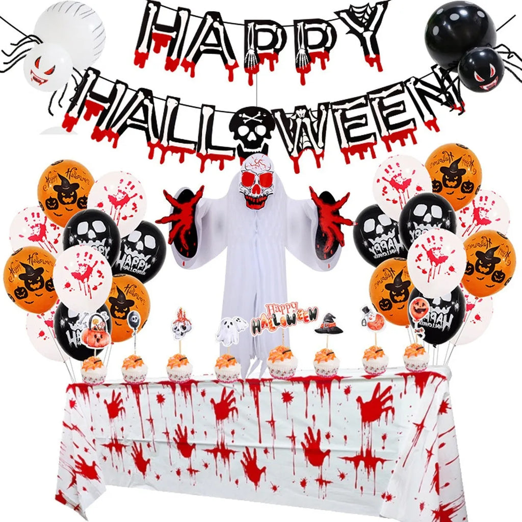Halloween balloon combo with spider arch, skull and pumpkin designs in black and white colours