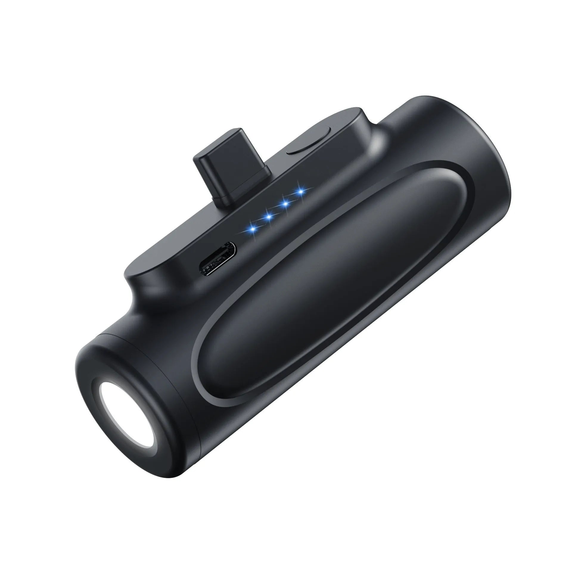 Black and pink creative power bank with integrated LED flashlight, showing Type-C and Apple port options.