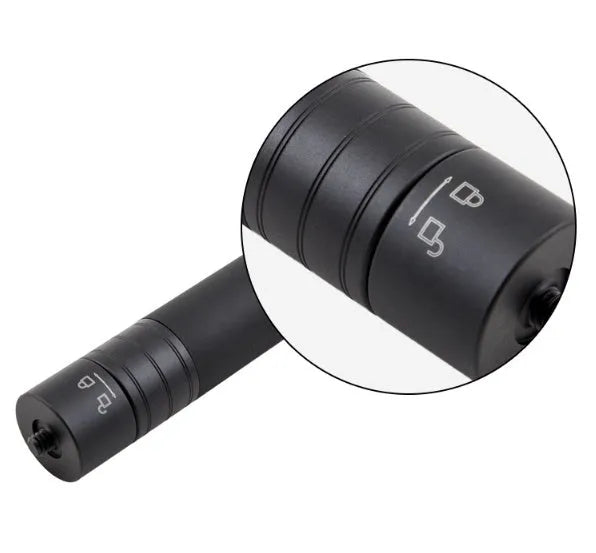 Black retractable metal selfie stick with hand-held stabilizer extended for smartphone photography