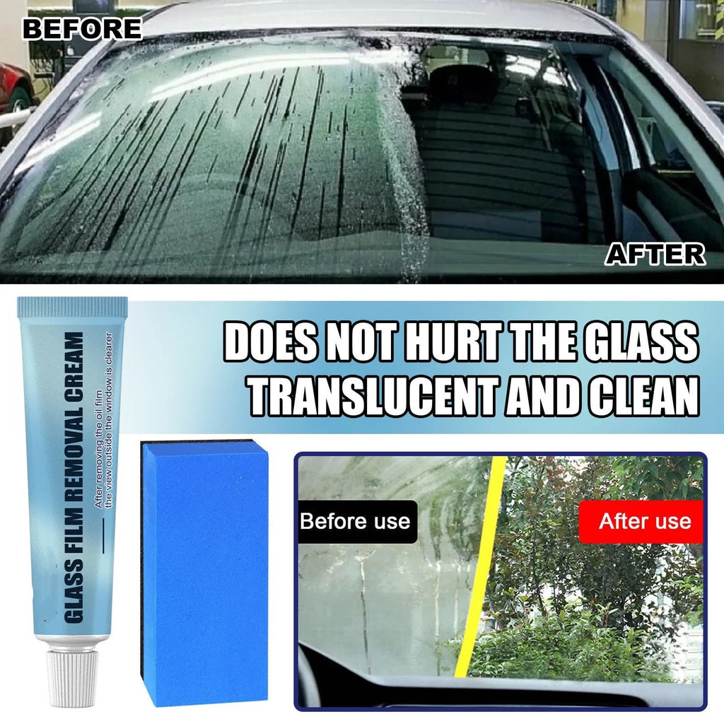 Blue car glass oil film remover tool with soft sponge applicator for windshield and window cleaning.