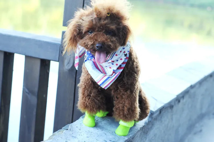 Soft non-slip silicone pet rain boots for dogs in five colours, with rubber upper and textured sole