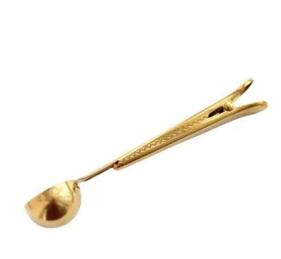 Stainless steel coffee clip spoon with measuring scoop and sealing clip, 17.5cm long