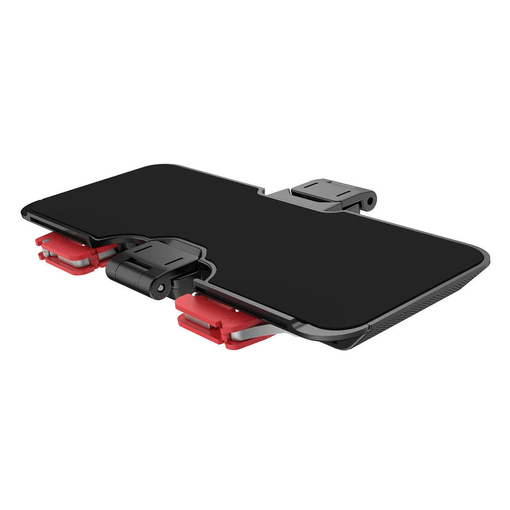 Black mobile phone gaming trigger bracket with adjustable sliding metal trigger and telescopic phone clip