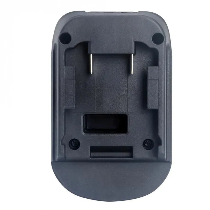 Black plastic battery adapter connecting Milwaukee DM18M tools to Makita H99F battery packs