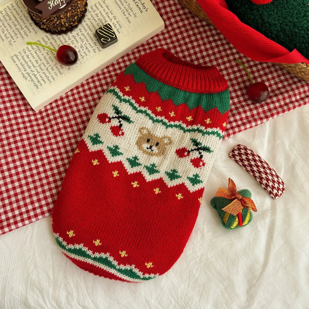 Red Christmas cherry pattern pet sweater for small dogs and cats in polyester fabric