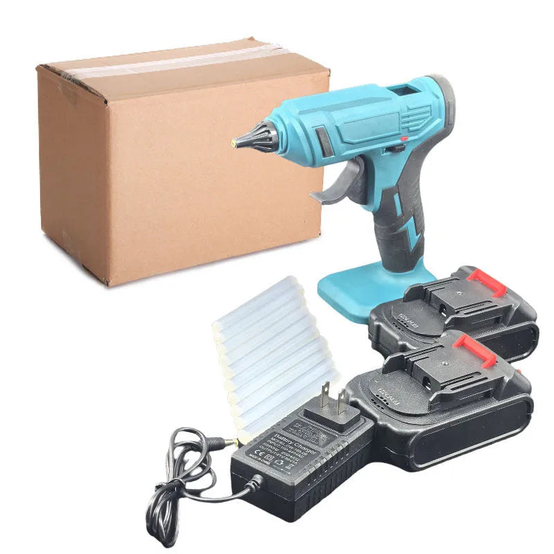 Cordless lithium hot melt glue gun with two batteries and 11mm glue sticks