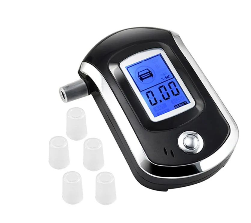 Black pen-style portable alcohol tester with digital screen and mouthpiece