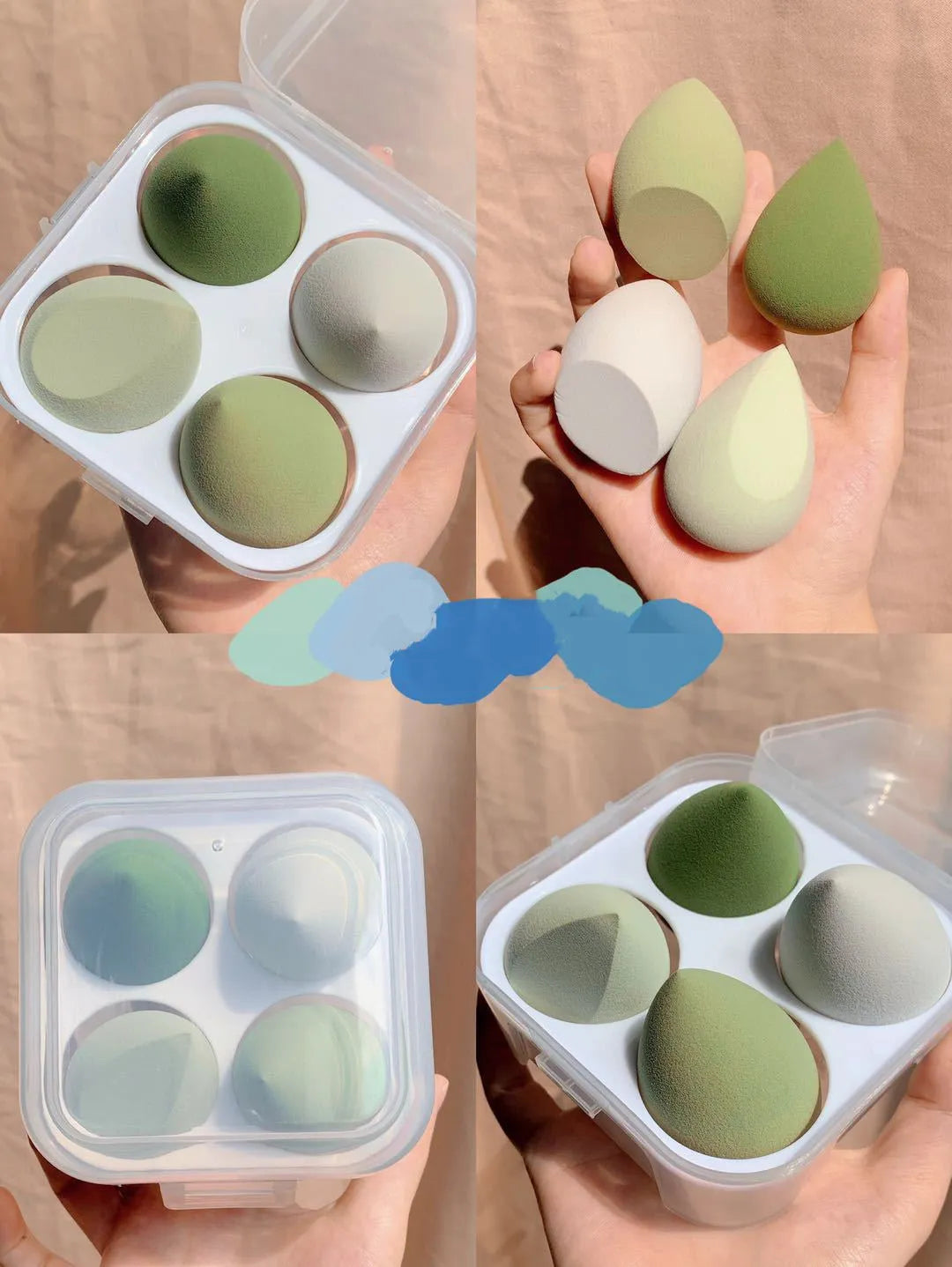 Four egg-shaped makeup sponges in grape, mango, mint, and peach colours arranged together