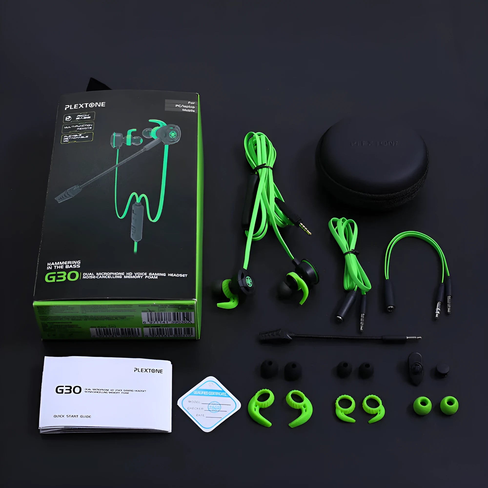 Shuangmai wired in-ear computer gaming headset in black, green, and red colours.