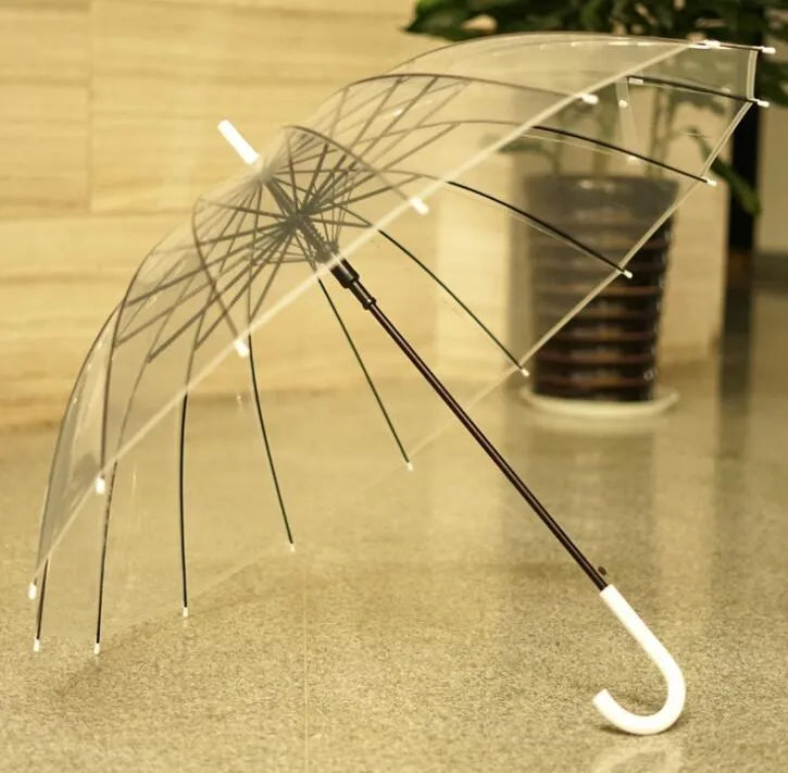 Big long handle transparent umbrella with 16 ribs, POE fabric canopy, ABS plastic handle, and black steel skeleton in black colour