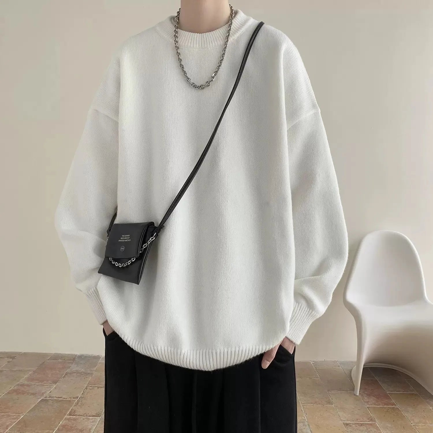 Men's Korean version round neck sweater in loose fit synthetic blend, available in multiple colours