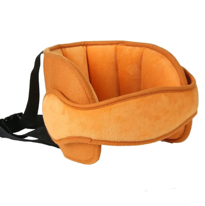 Child car seat head support in blue with hook and loop neck strap and rear waistband