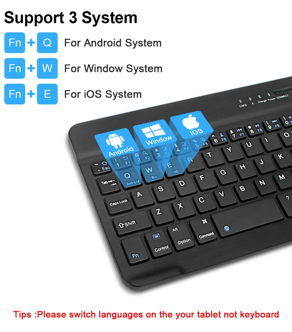 Black and white mini Bluetooth wireless keyboard shown in 7-inch, 9-inch, and 10-inch size options.