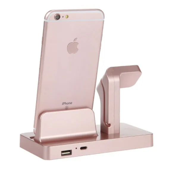 White 2-in-1 desktop charging dock holding an iPhone and an Apple Watch