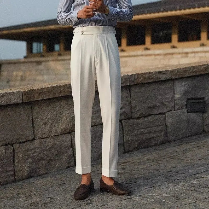 Men's slim fit straight-leg suit trousers in black, white, and apricot colours.