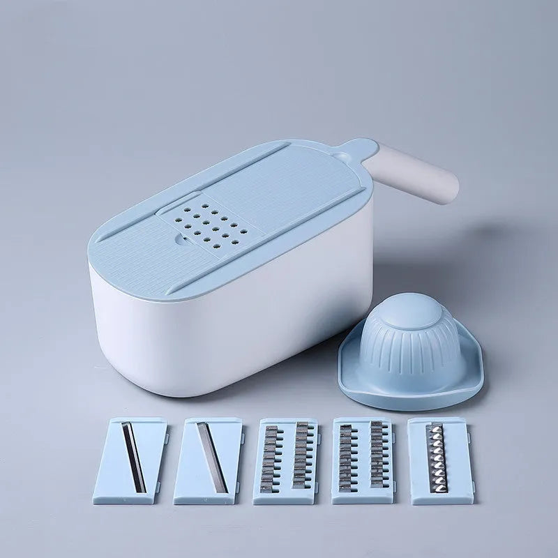 Multifunctional vegetable cutter in Nordic style with stainless steel blades, available in blue, grey, and khaki colours