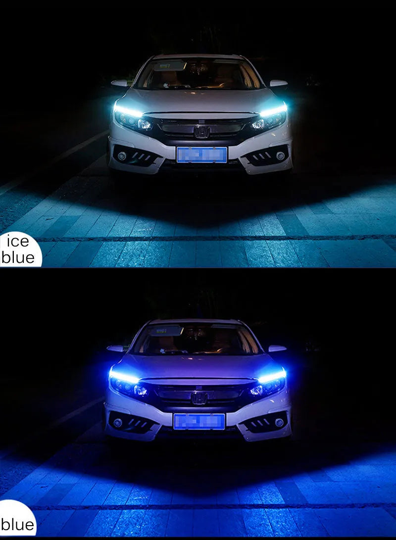 Flexible silicone car LED daytime running light strip with flowing turn signal functionality mounted on vehicle headlight