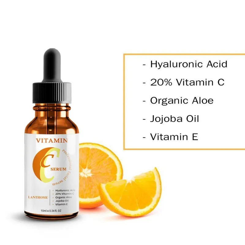 10ml bottle of Vitamin C and hyaluronic acid facial serum for skin brightening and anti-aging.