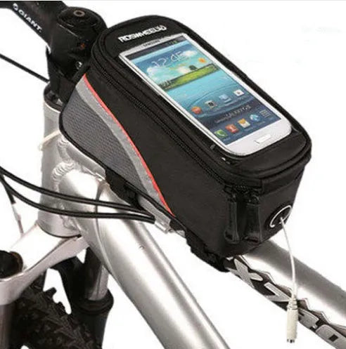 ROSWHEEL PVC bicycle frame phone bag in black mounted on bike frame showing iPhone compatibility