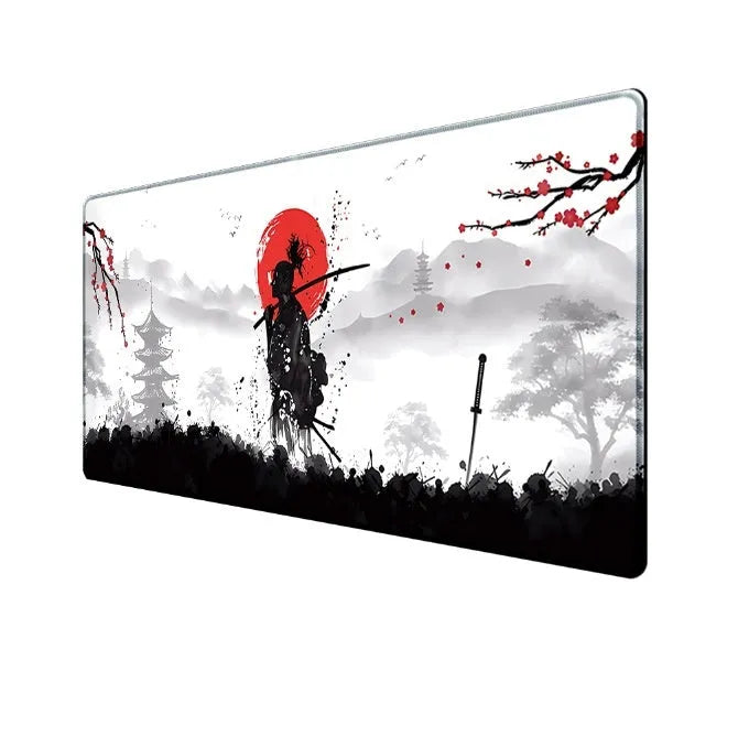 Japanese Samurai design gaming mouse pad on a desk, showing cloth surface and non-slip base.