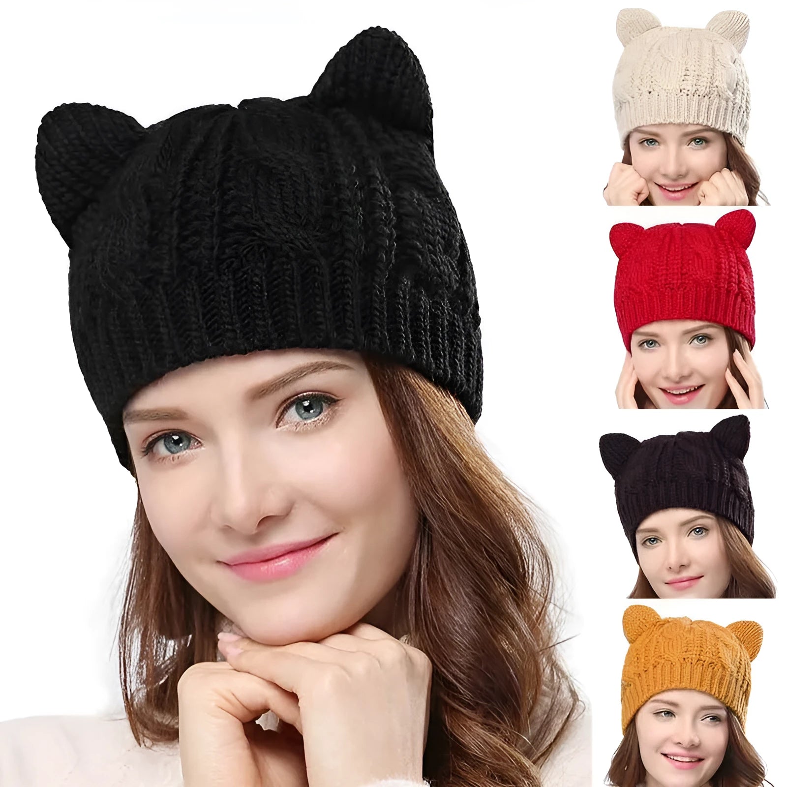Hand made knitted cat ear beanie in winter colours with 3D design