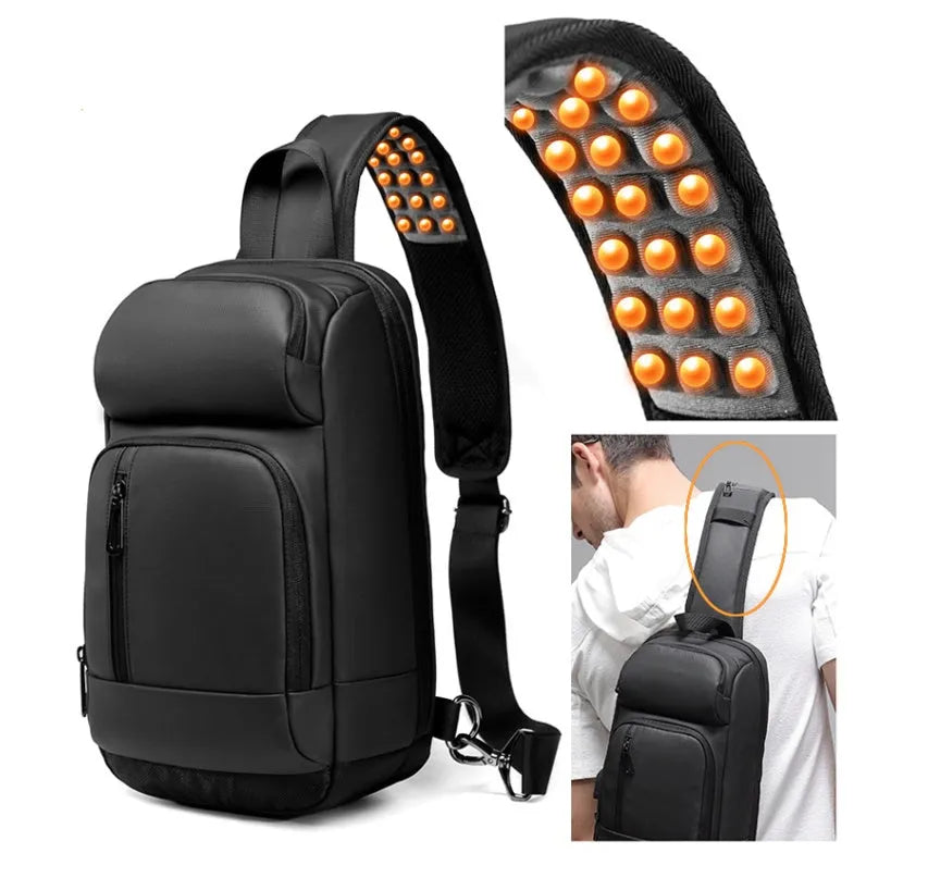Black PVC outdoor leisure shoulder bag showing air cushion strap and organisational pockets