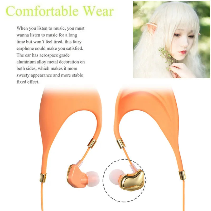Cartoon elf ear headphones with 3.5mm plug and microphone in black, white, and yellow colour options
