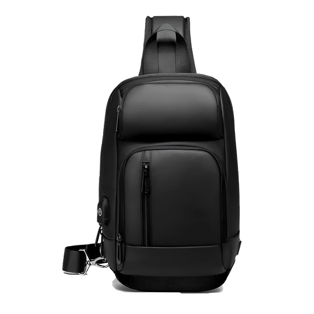 Black PVC outdoor leisure shoulder bag showing air cushion strap and organisational pockets