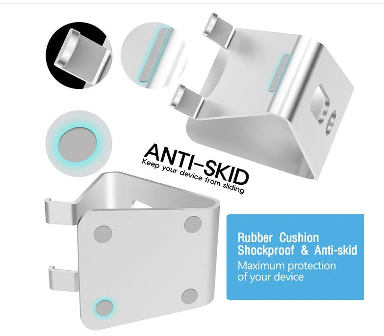 Aluminium alloy universal phone and tablet holder stand in silver, shown holding a smartphone at an angle.