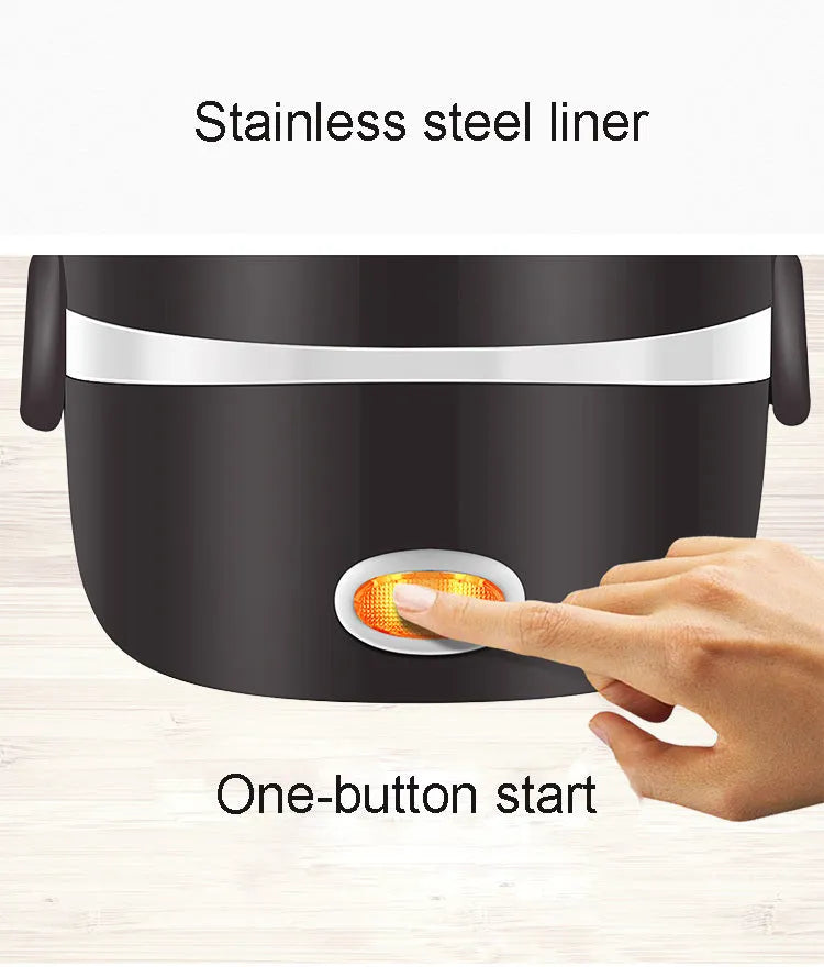 White electric lunch box with USB port showing 190mm dimensions and dual capacity options