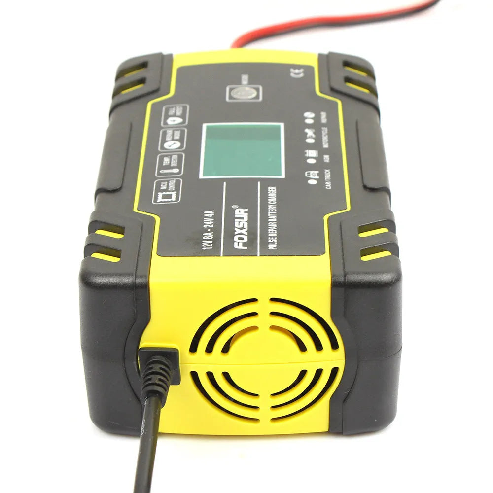 Yellow automatic battery charger 12V 24V for cars and motorcycles with 100-240V input